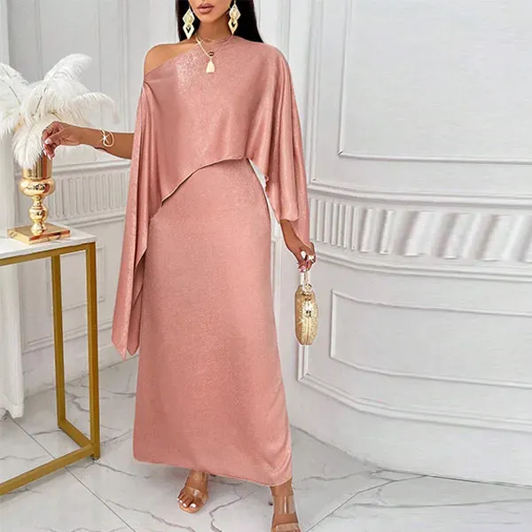 Elegant Asymmetrical Neck Cloak Sleeve Dress