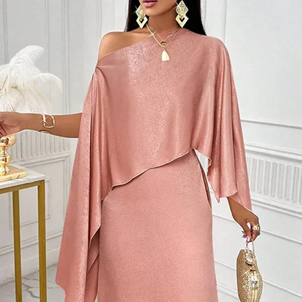 Elegant Asymmetrical Neck Cloak Sleeve Dress