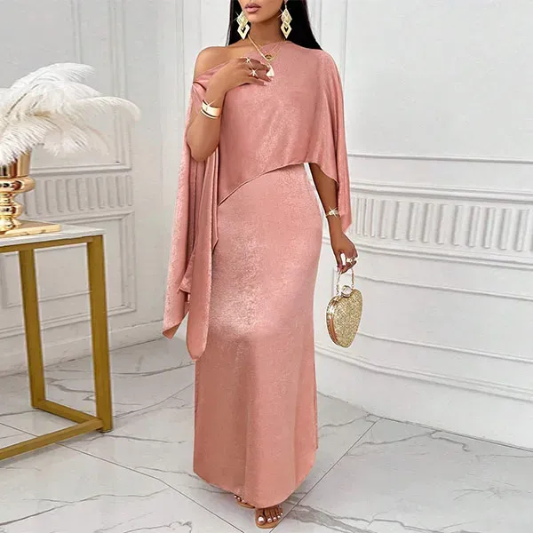 Elegant Asymmetrical Neck Cloak Sleeve Dress