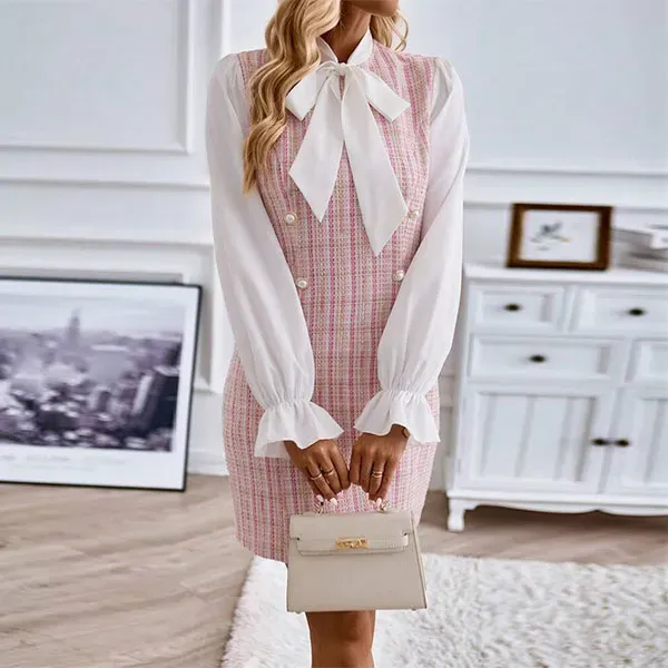 Plaid Tweed Dress with Bow Tie Neck