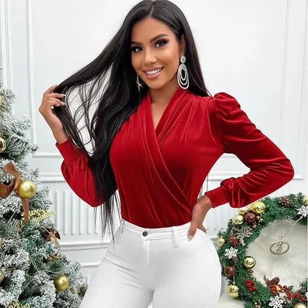 Velvet Wrap Top with Puff Sleeves