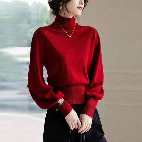 Red Mock Neck Puff Sleeve Knit Sweater