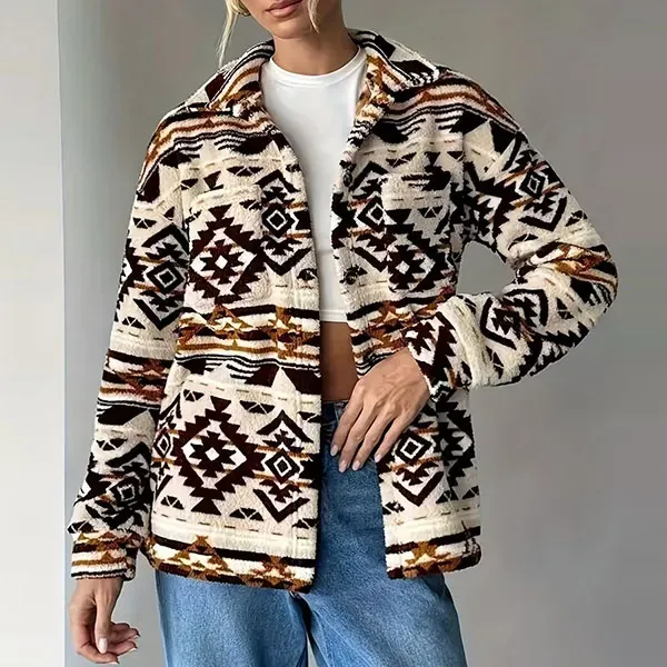 Aztec Pattern Button-Down Fleece Jacket
