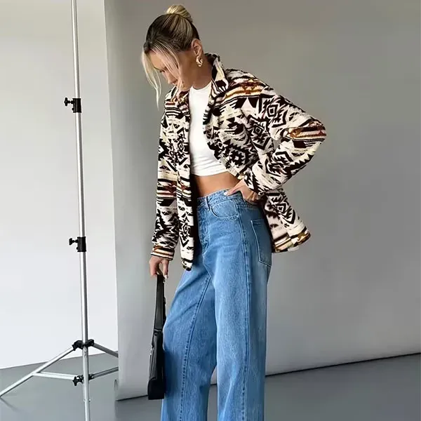 Aztec Pattern Button-Down Fleece Jacket