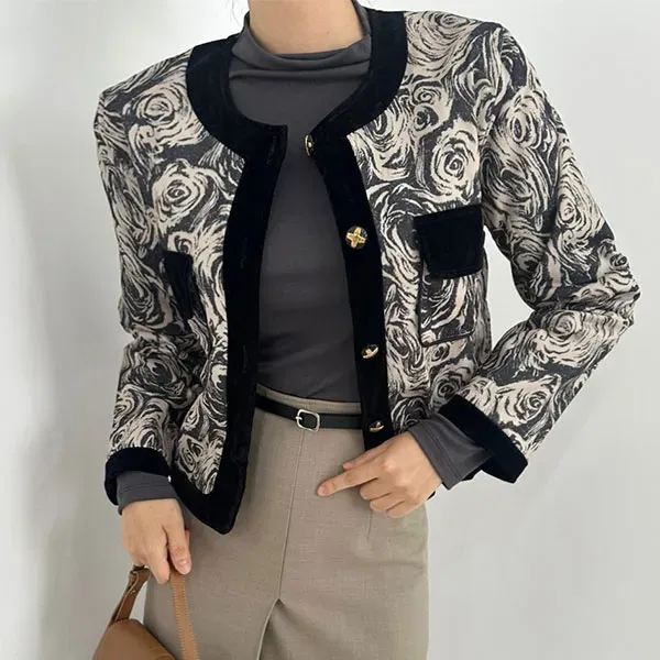 Floral Print Cropped Jacket with Velvet Trim