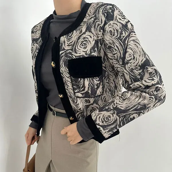 Floral Print Cropped Jacket with Velvet Trim