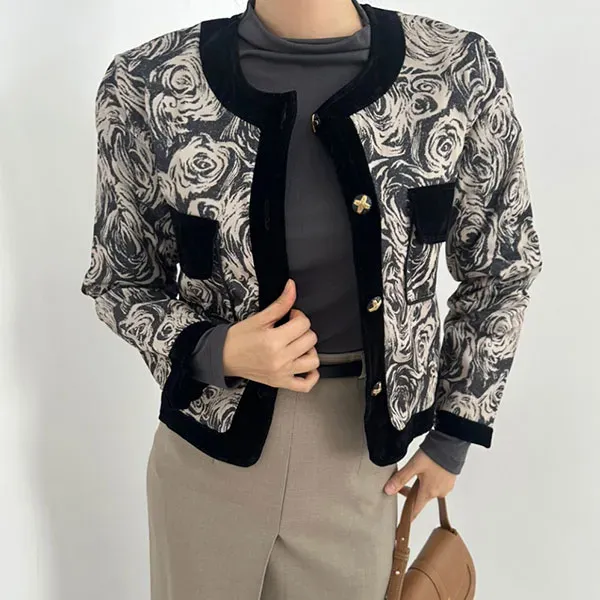 Floral Print Cropped Jacket with Velvet Trim
