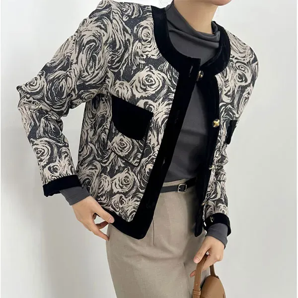 Floral Print Cropped Jacket with Velvet Trim