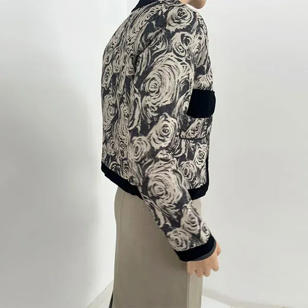 Floral Print Cropped Jacket with Velvet Trim