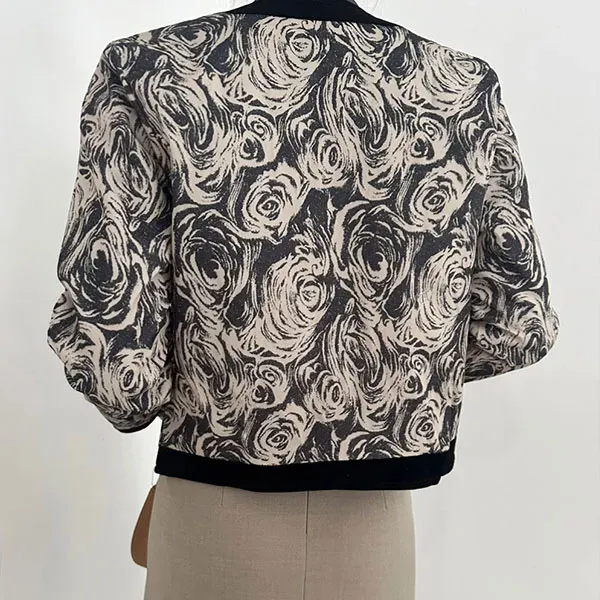 Floral Print Cropped Jacket with Velvet Trim