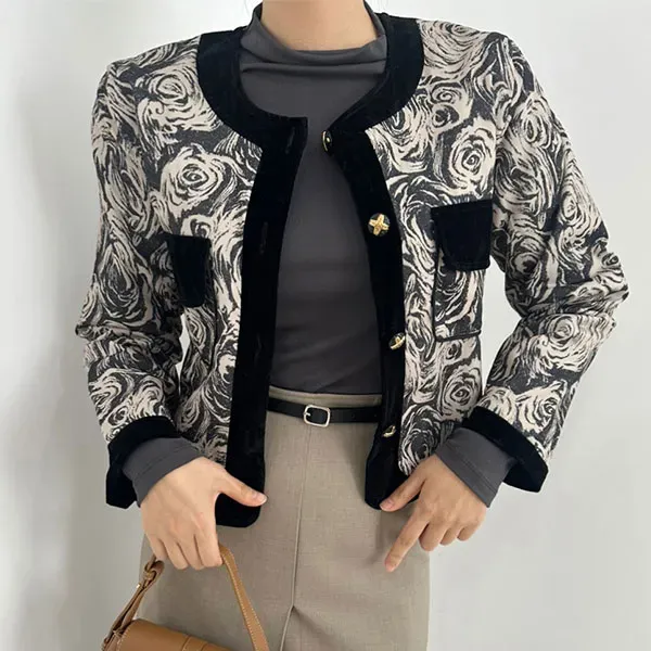 Floral Print Cropped Jacket with Velvet Trim