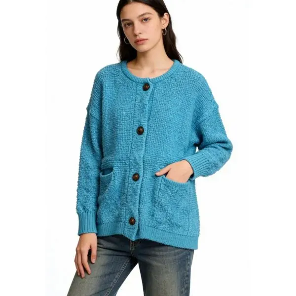 Cozy Blue Button-Up Long Sleeve Cardigan