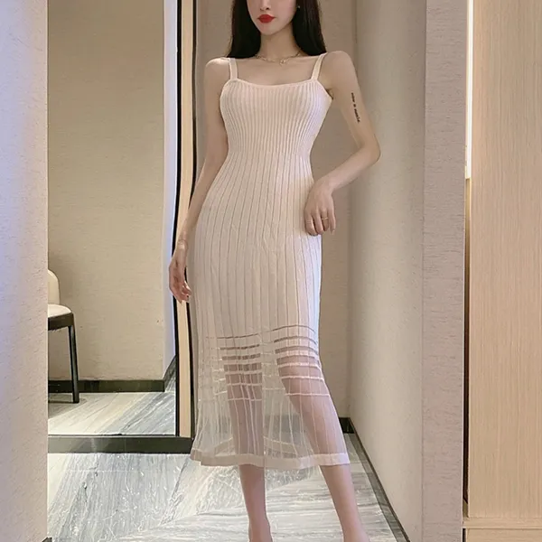 Ribbed Shoulder Strap A-Line Midi Dress