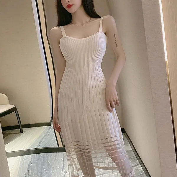 Ribbed Shoulder Strap A-Line Midi Dress