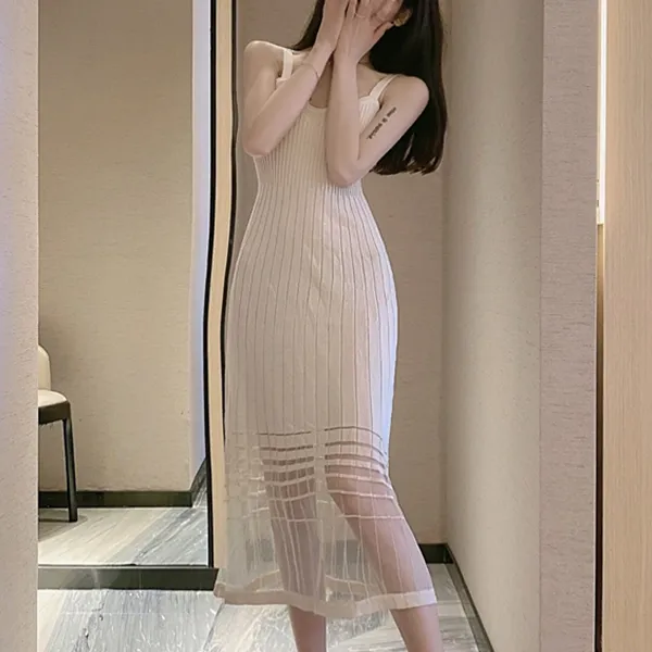 Ribbed Shoulder Strap A-Line Midi Dress