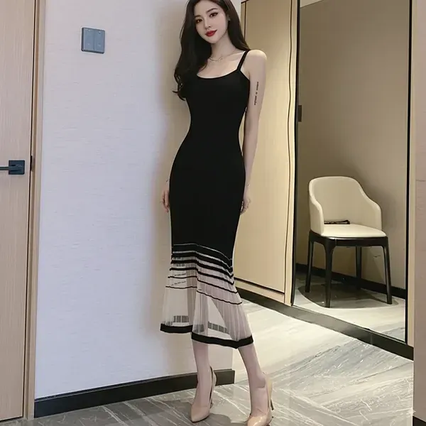 Ribbed Shoulder Strap A-Line Midi Dress