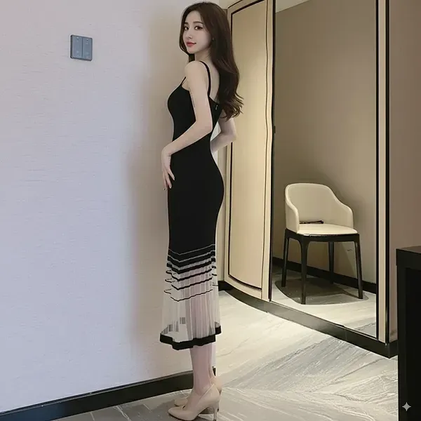 Ribbed Shoulder Strap A-Line Midi Dress