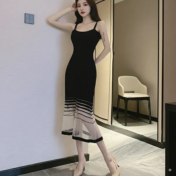 Ribbed Shoulder Strap A-Line Midi Dress