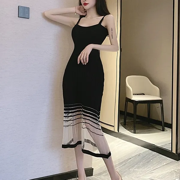 Ribbed Shoulder Strap A-Line Midi Dress