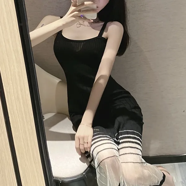 Ribbed Shoulder Strap A-Line Midi Dress