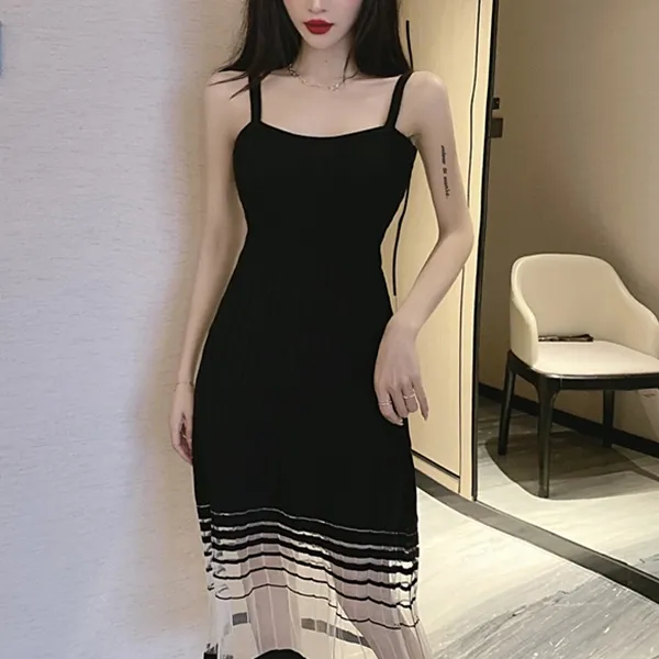 Ribbed Shoulder Strap A-Line Midi Dress