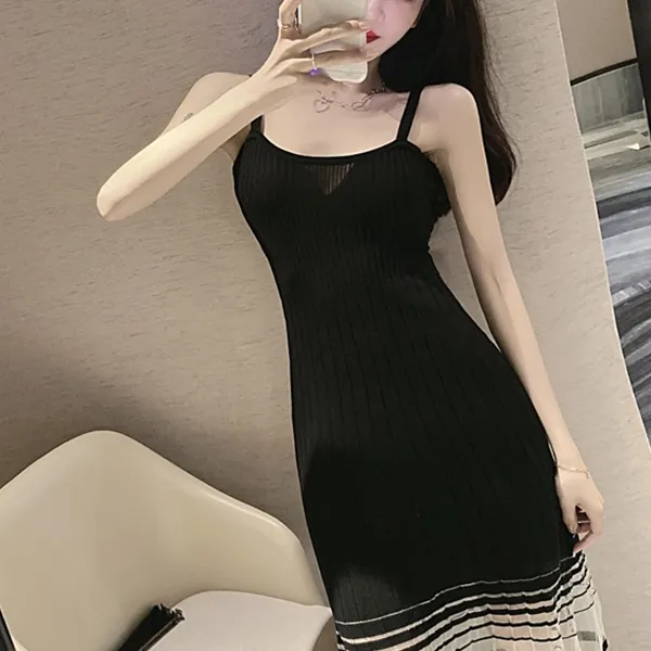 Ribbed Shoulder Strap A-Line Midi Dress