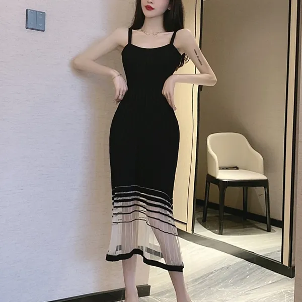 Ribbed Shoulder Strap A-Line Midi Dress