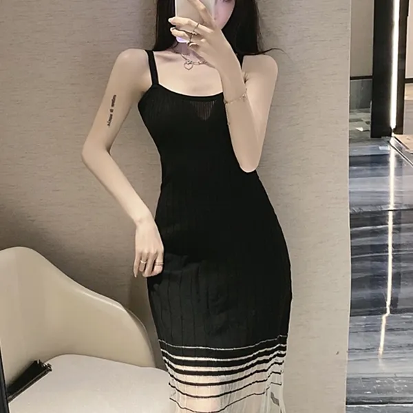 Ribbed Shoulder Strap A-Line Midi Dress