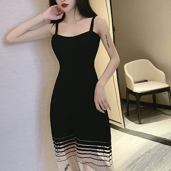 Ribbed Shoulder Strap A-Line Midi Dress