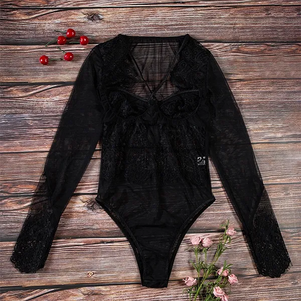 Textured Lace Sheer Sleeve Bodysuit