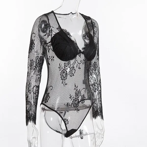 Black Floral Lace V-Neck Bodysuit