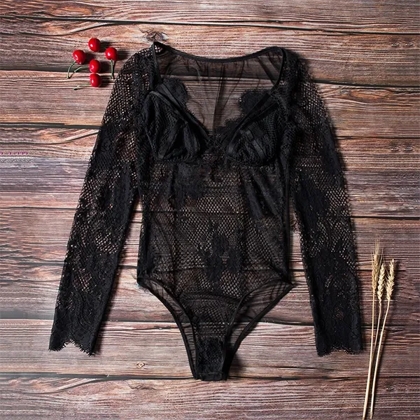 Black Floral Lace V-Neck Bodysuit