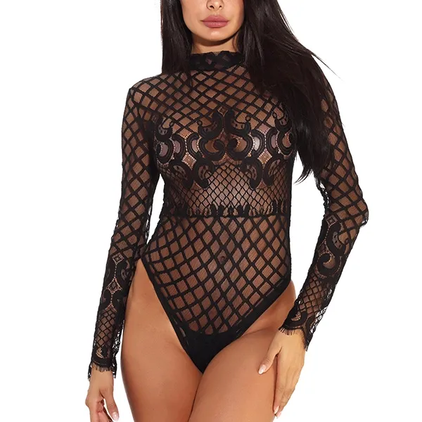 Black Geometric Mesh Long Sleeve Bodysuit