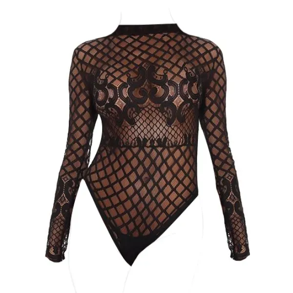 Black Geometric Mesh Long Sleeve Bodysuit