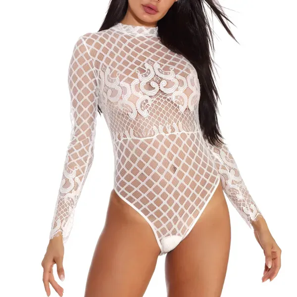 Black Geometric Mesh Long Sleeve Bodysuit