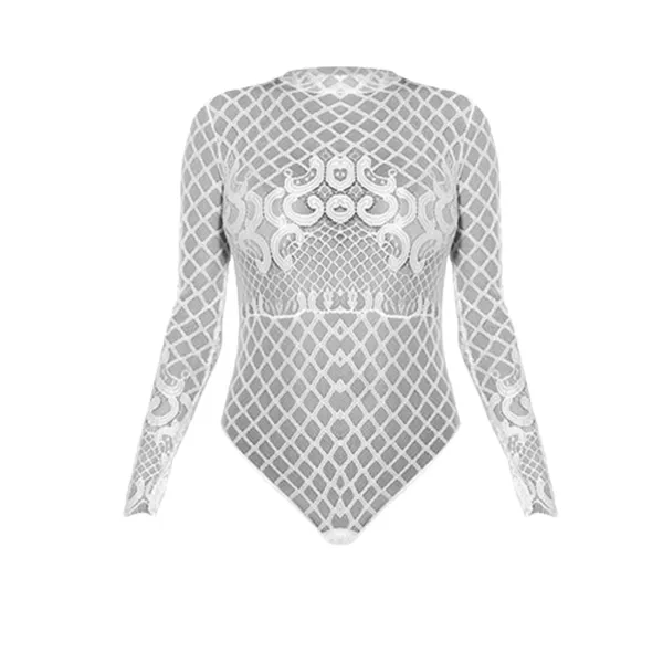 Black Geometric Mesh Long Sleeve Bodysuit