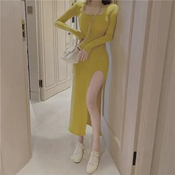 Yellow Slim Fit Split Hem Midi Dress