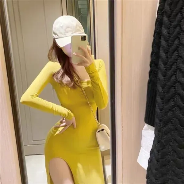 Yellow Slim Fit Split Hem Midi Dress