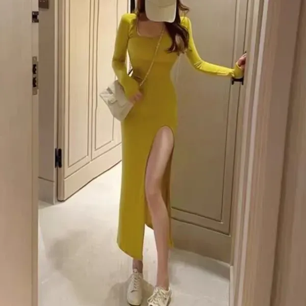 Yellow Slim Fit Split Hem Midi Dress