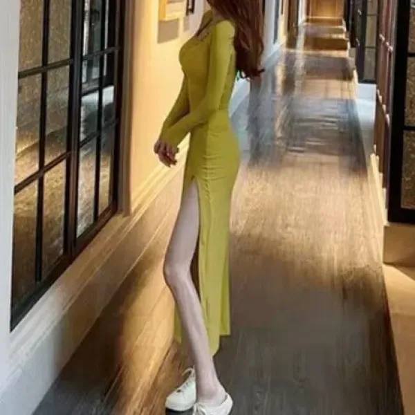 Yellow Slim Fit Split Hem Midi Dress