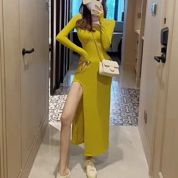 Yellow Slim Fit Split Hem Midi Dress