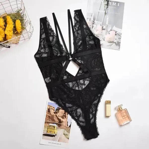 Black Lace V-Neck Nightwear Romper