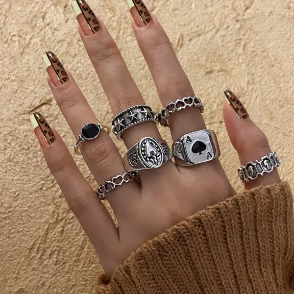 7 Piece Silver Boho Rhinestone Ring Set