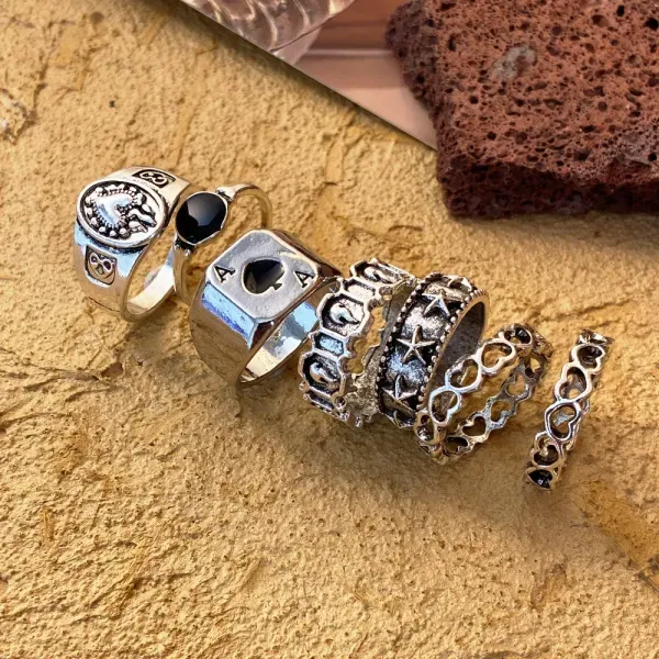 7 Piece Silver Boho Rhinestone Ring Set