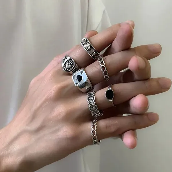 7 Piece Silver Boho Rhinestone Ring Set