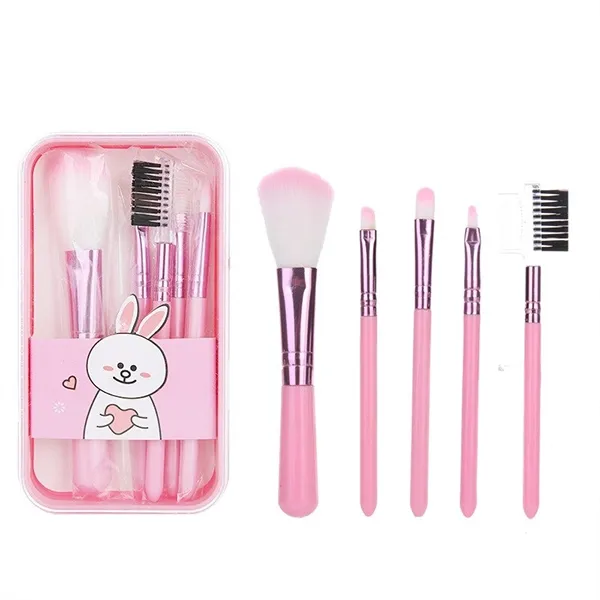 طقم فرش مكياج صغير للسفر 5 قطع مع علبة لطيفة