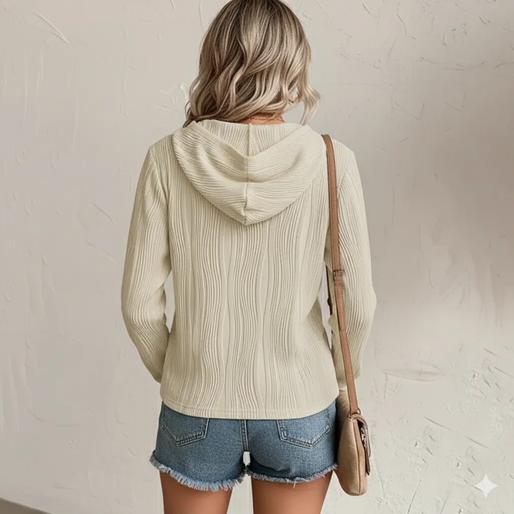 صورة مصغرة لـ Casual Ribbed Button-Up Long Sleeve Winter Wear Hoodie For Women