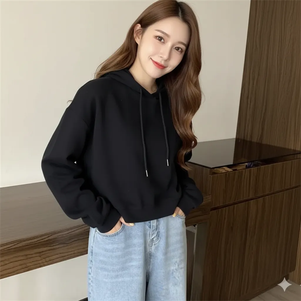 Casual Comfy Black Color Long Sleeves Winter Hoodie For Women