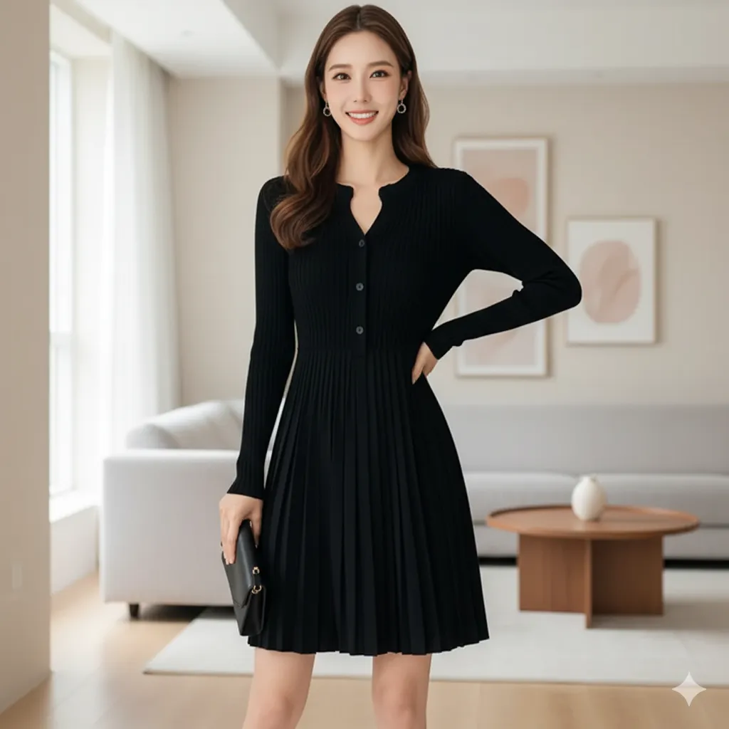 Elegant Ribbed Design Notch Neck Long Sleeves Pleated Mini Dress