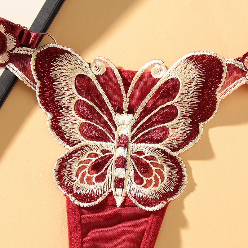 Elegant Butterfly Embroidered Red Adjustable Sexy G-String